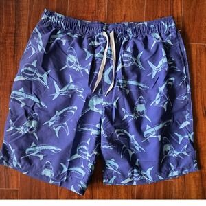 Mens Shark Print Swim Trunks Navy Blue Board Shorts Large Mesh Lining Drawstring